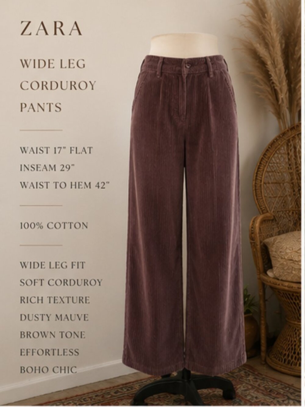 Zara Wide Leg Corduroy Pants Mauve Brown 100% Cotton Boho Chic Large